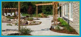 interlocking stone pathways surrounding gardens