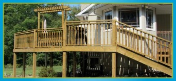 wooden deck and railings with pergola